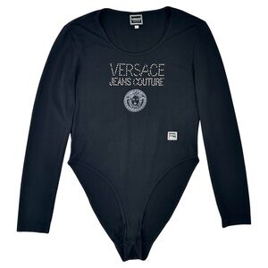 Vintage 1990s Versace Jeans Black Rhinestone Medusa Logo Long Sleeve Bodysuit
